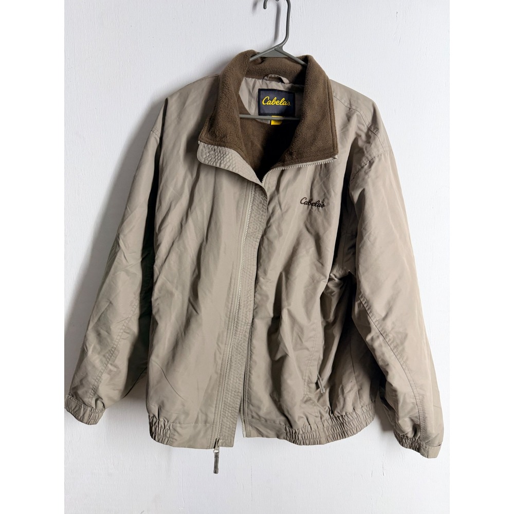 Cabelas Mens Three Season Jacket Large Tan Khaki Fleece Lined Bomber Windbreaker